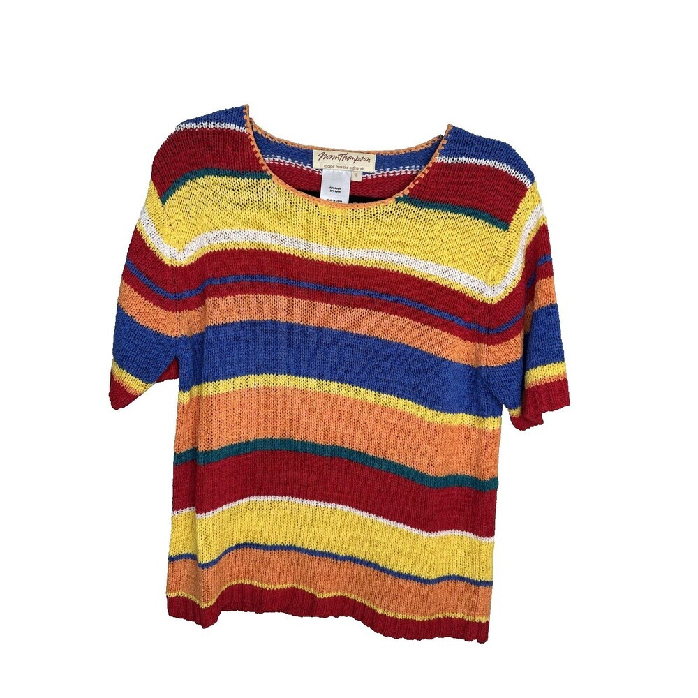 Norm Thompson Sweater Womens Large Knit Short Sleeve Pullover Rainbow Stripe